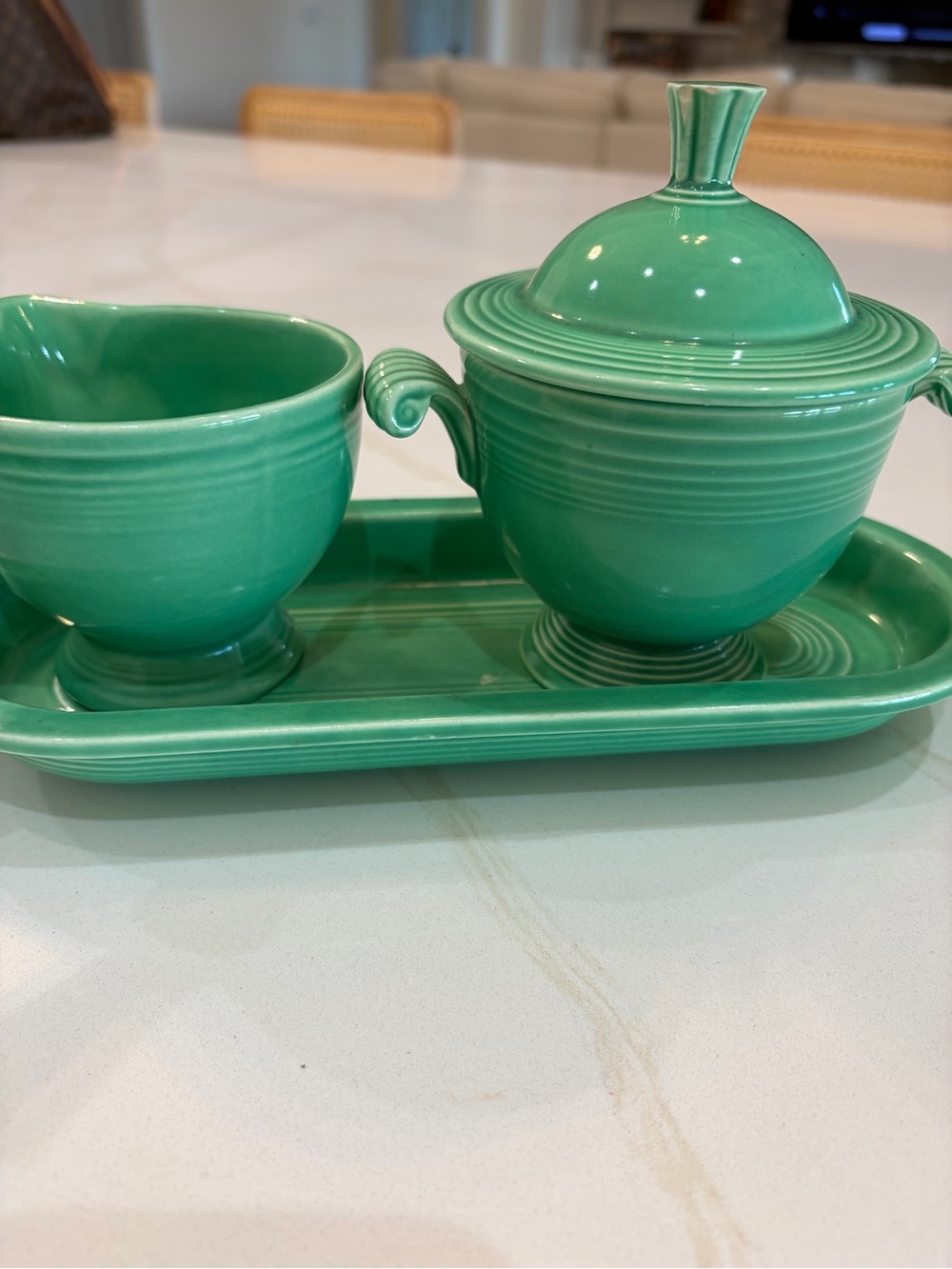 Homer Laughlin vintage Green Glazed Sugar Bowl, Creamer and Tray Set